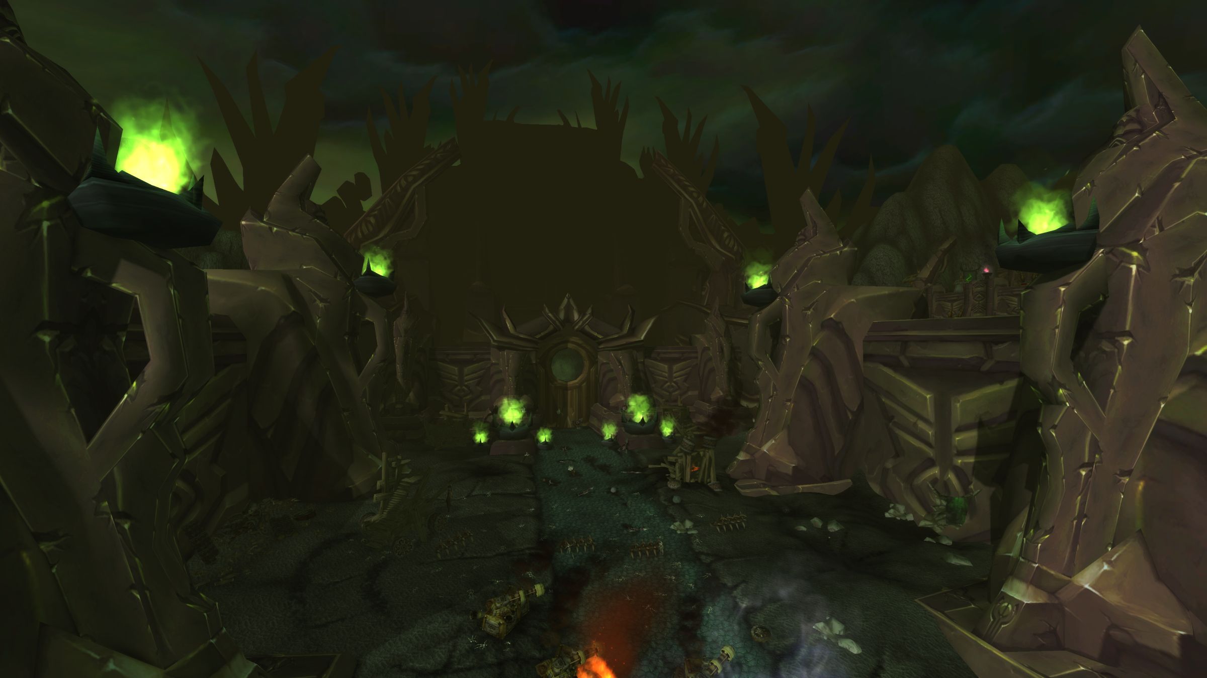 The Black Temple fortress in Shadowmoon Valley, fel-green fires burning along its walls