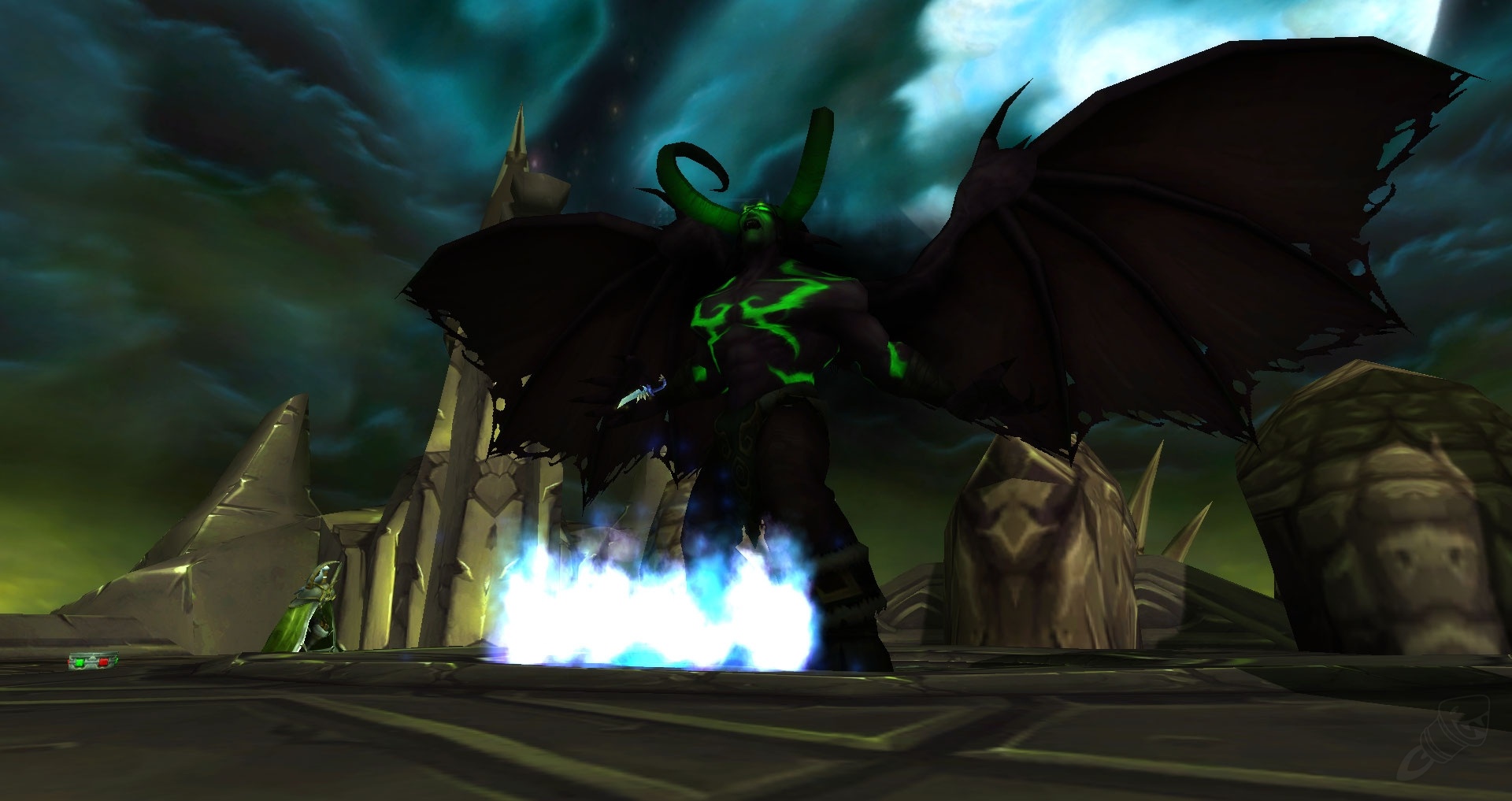 Illidan's demon form in-game — black wings, burning fel tattoos