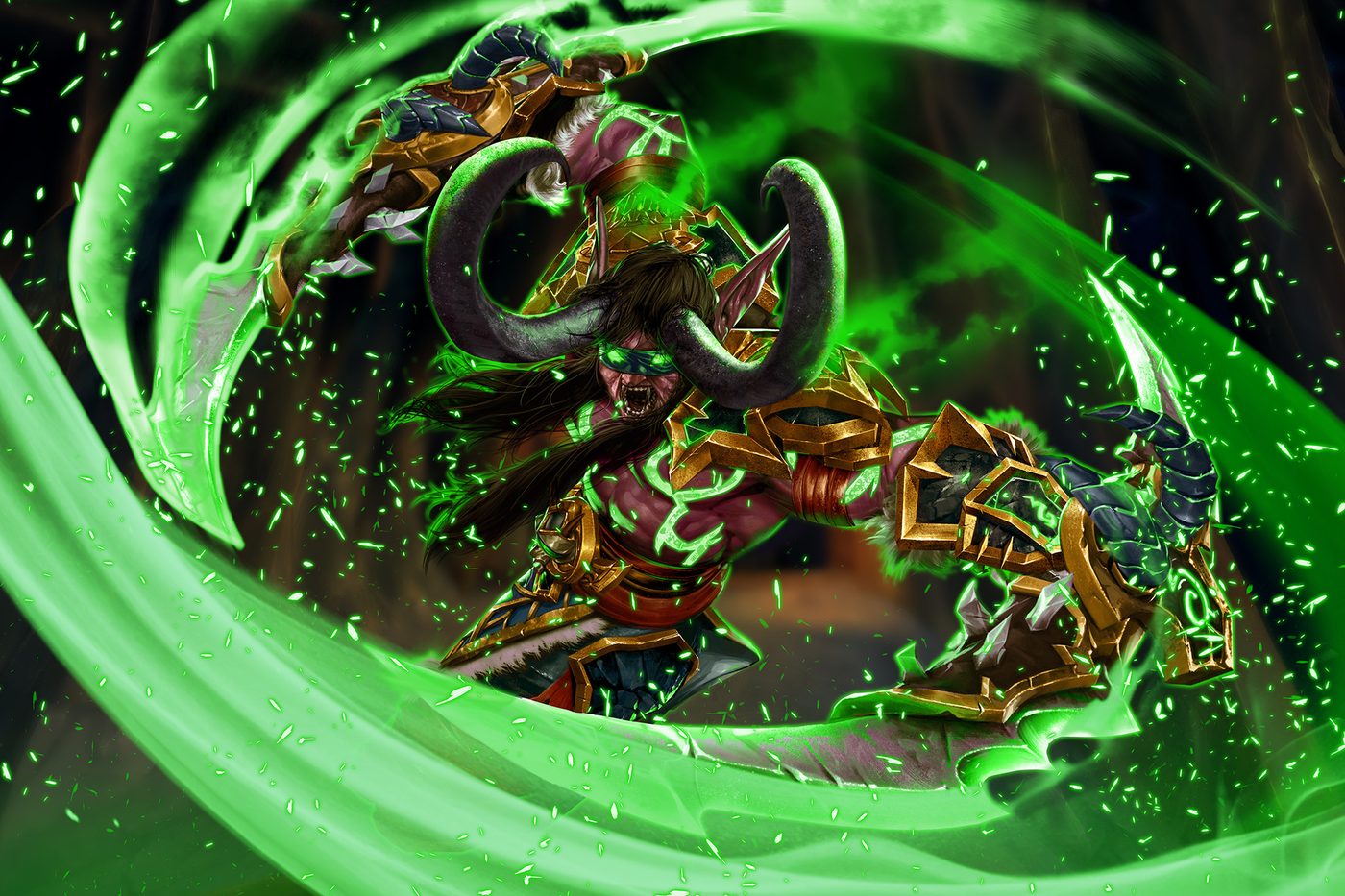 A demon hunter of the Illidari wreathed in whirling fel energy