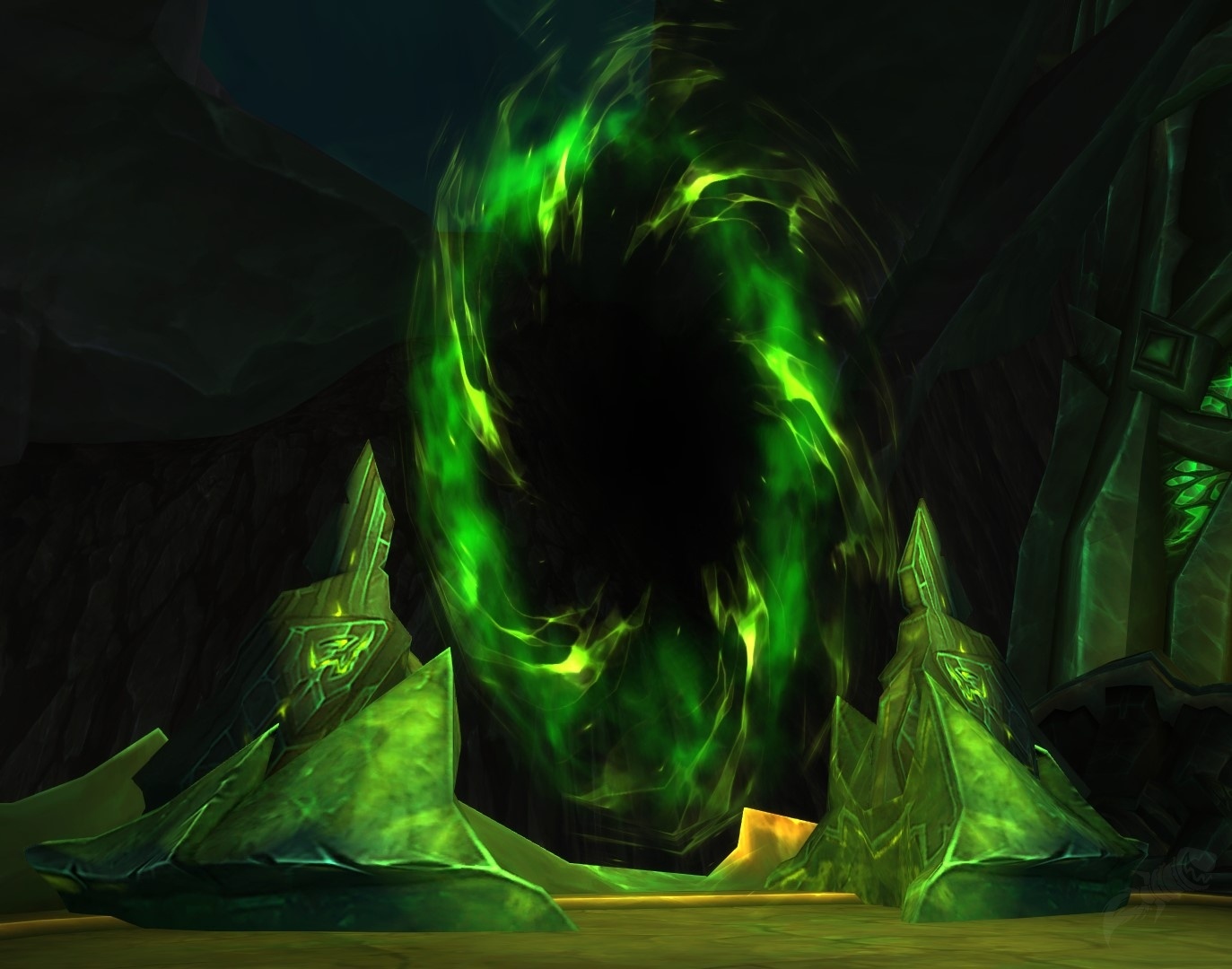 A swirling green fel portal between rune-etched demonic pillars