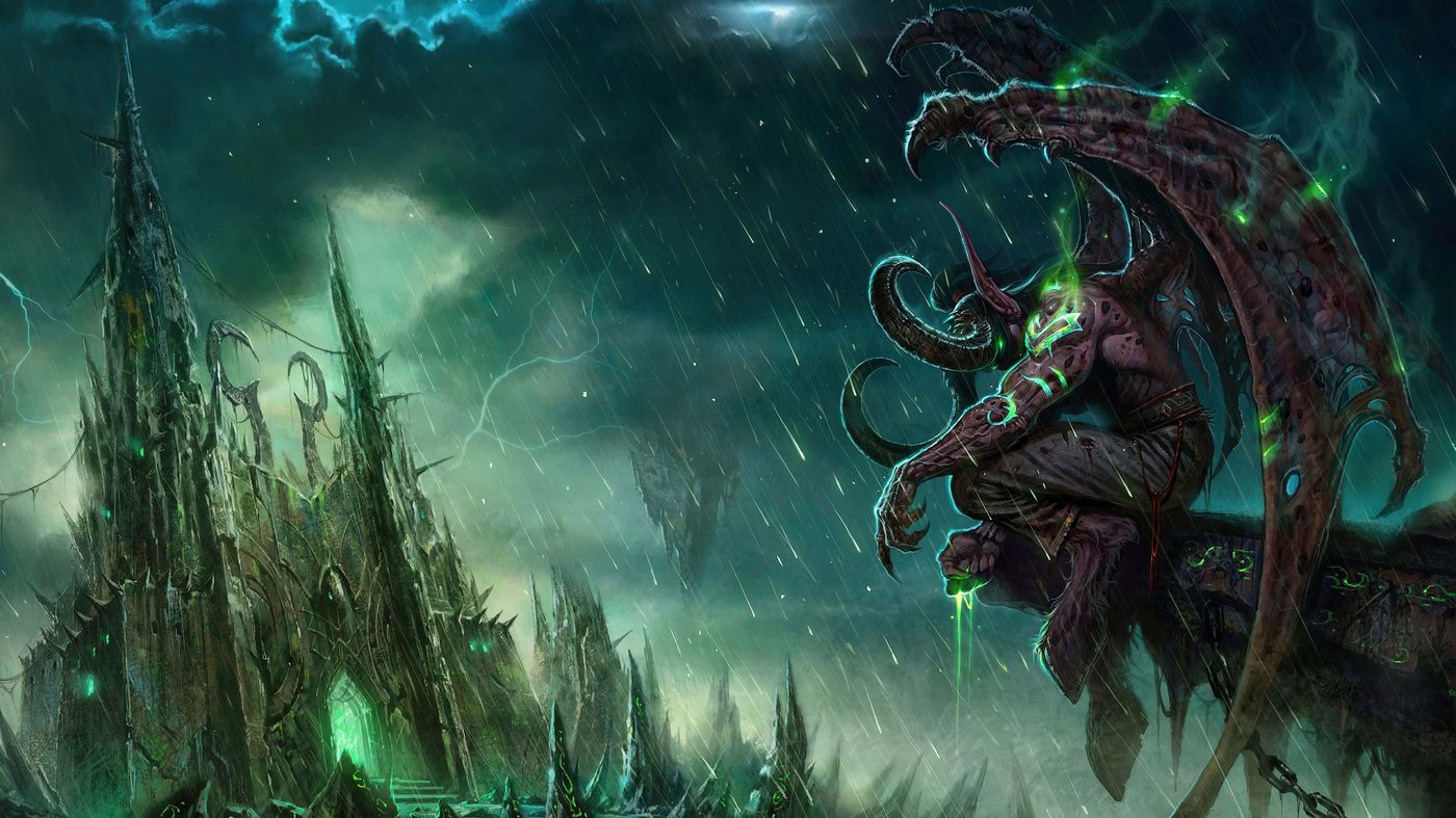 Illidan seated on his throne, tattoos smoldering green