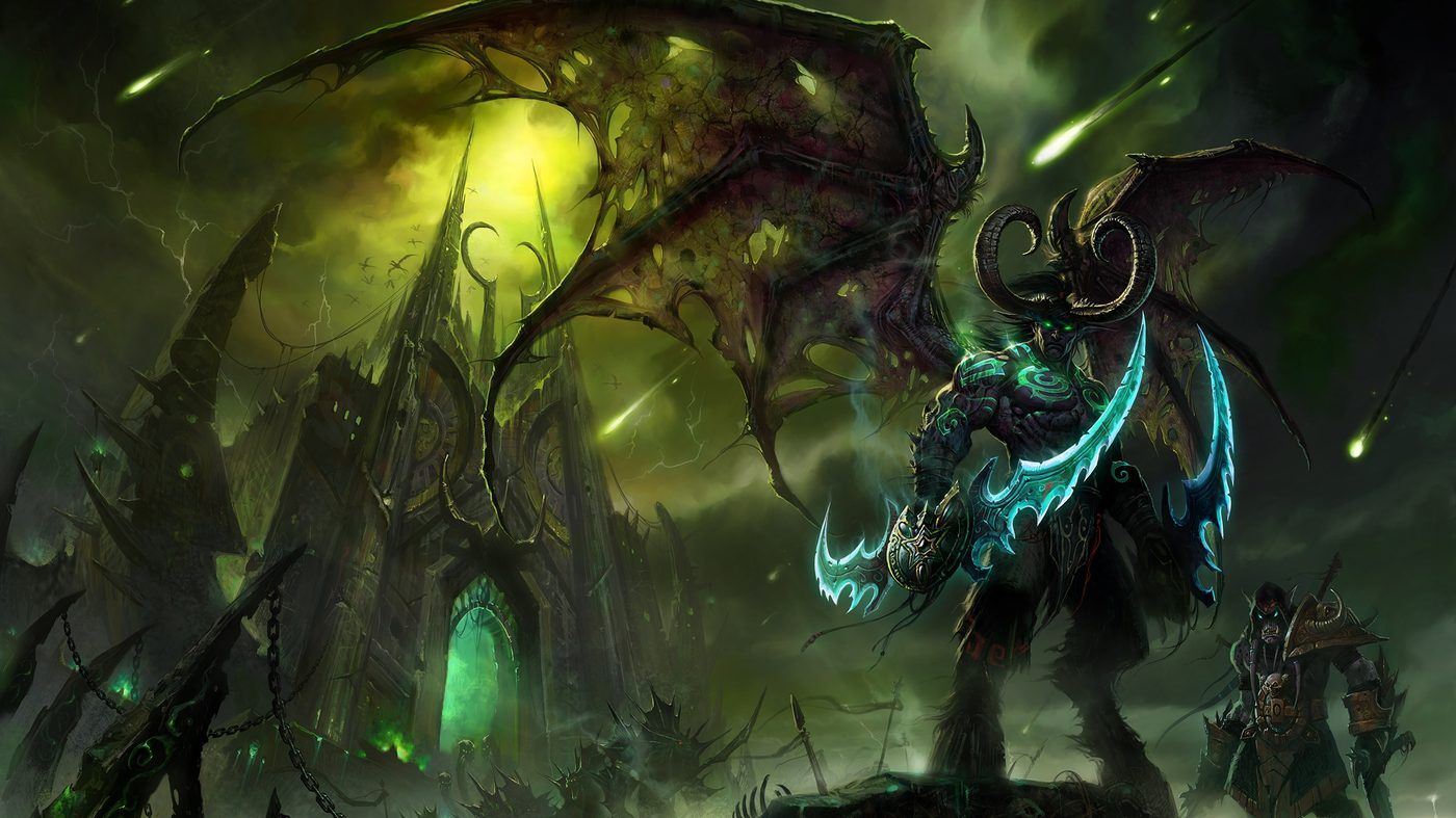 Illidan Stormrage, wings spread, wielding the Twin Blades of Azzinoth before the Black Temple