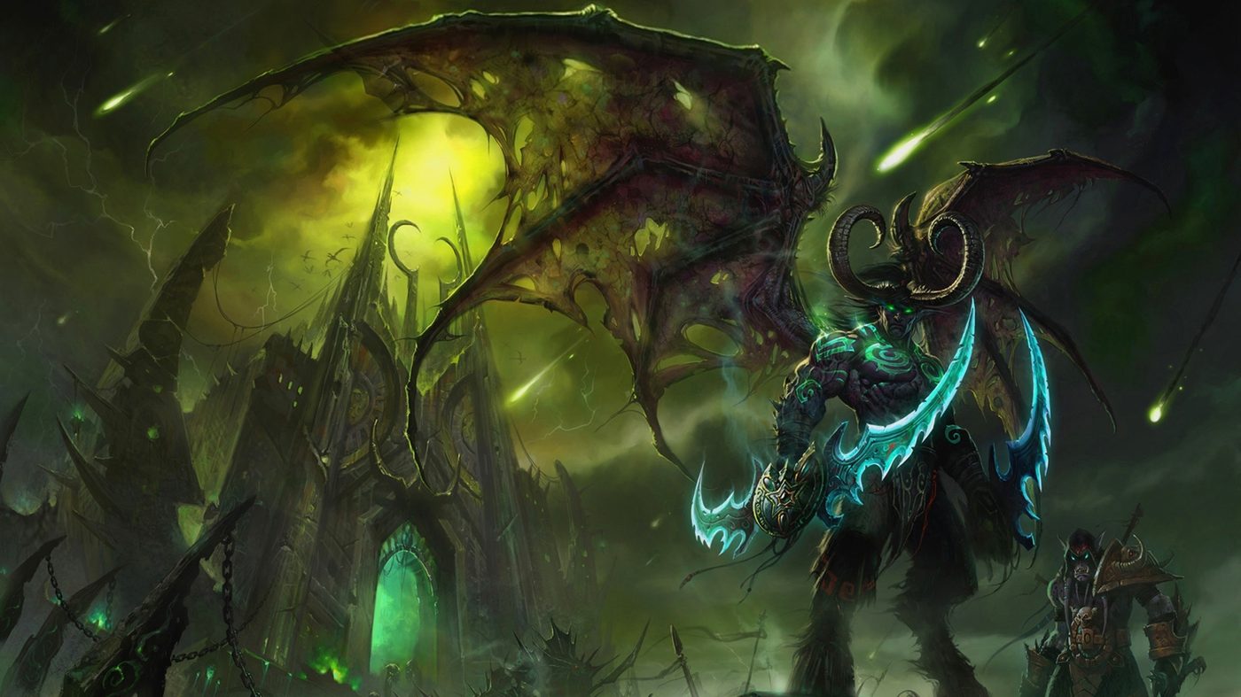 Illidan standing before the Black Temple with glowing warglaives