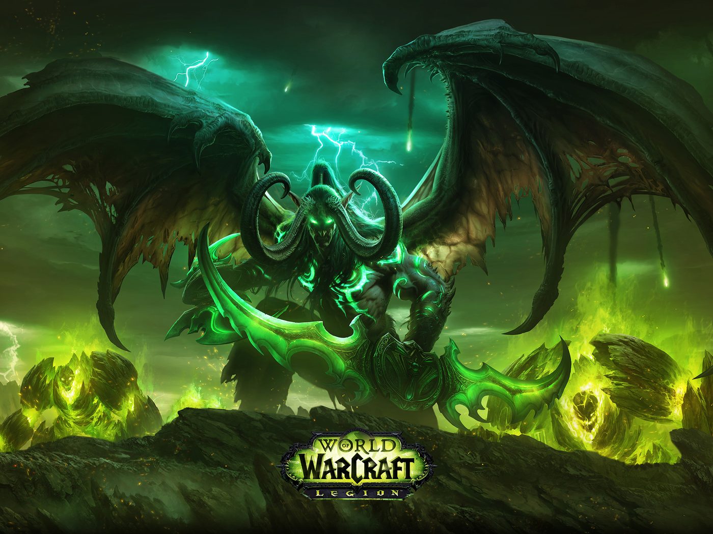 Illidan reborn in Legion — wings spread wide, fel warglaives raised against a burning green sky