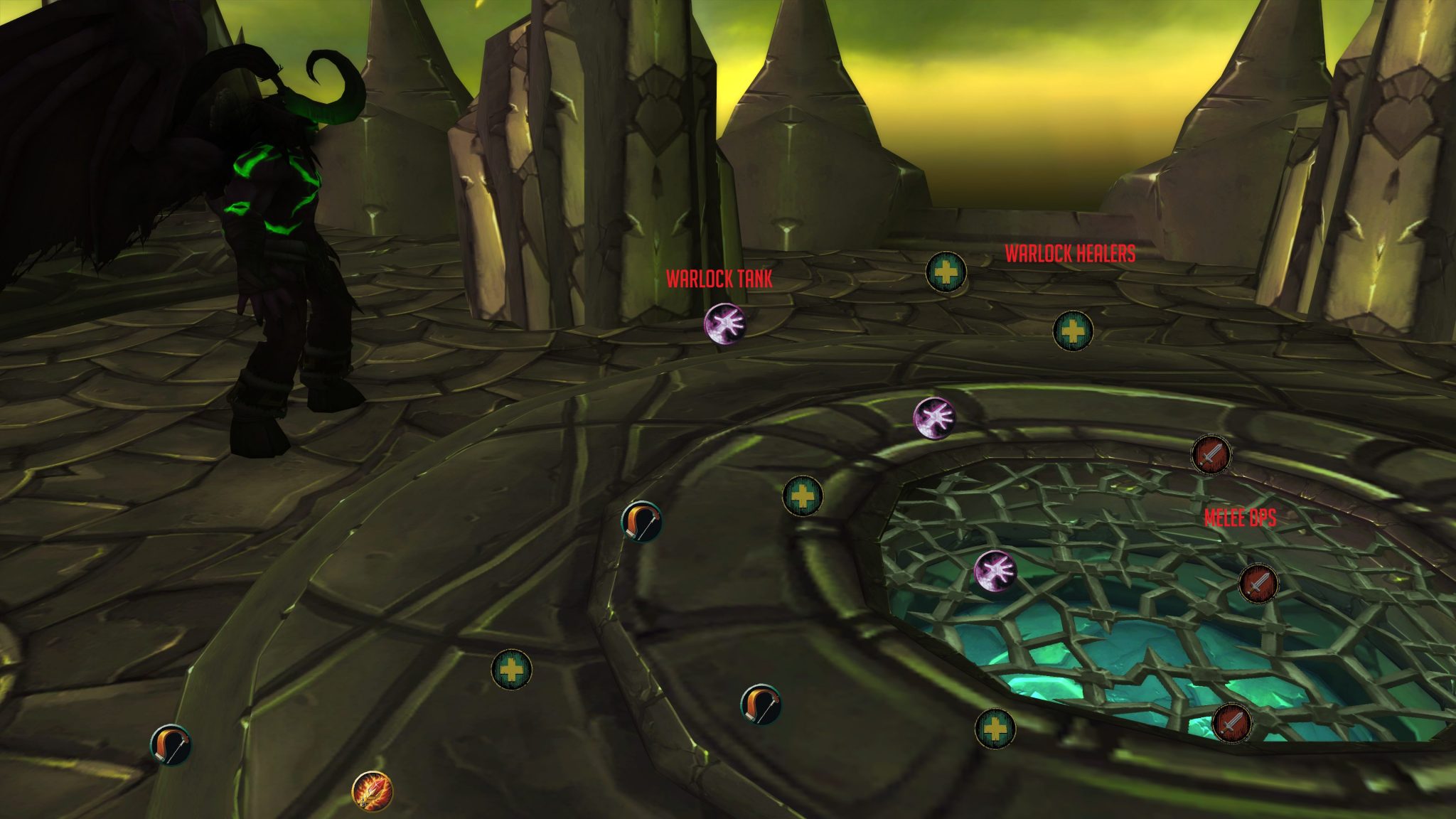 The summit of the Black Temple where Illidan was fought, its fel-green sky over dark stone