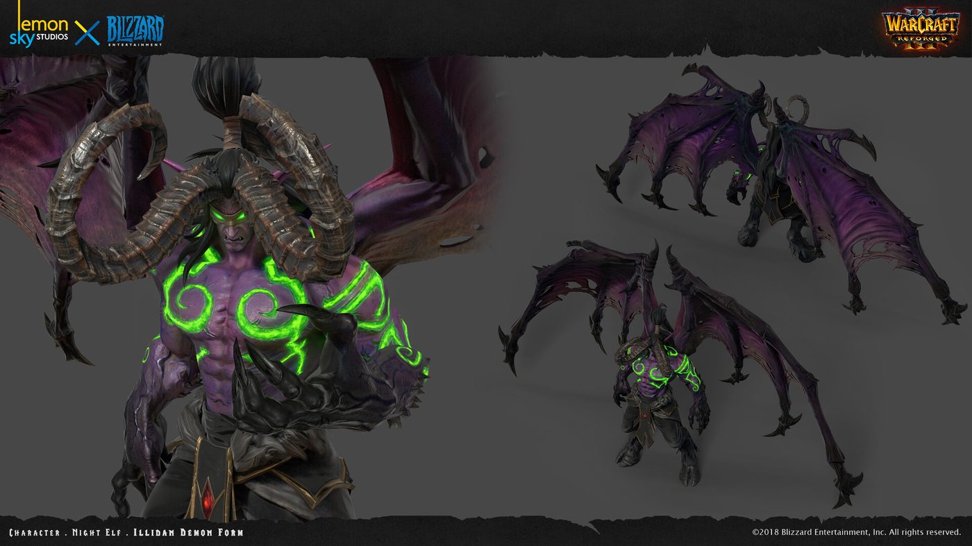 Illidan's demon form from Warcraft III Reforged — purple skin, burning green tattoos, great horns and wings