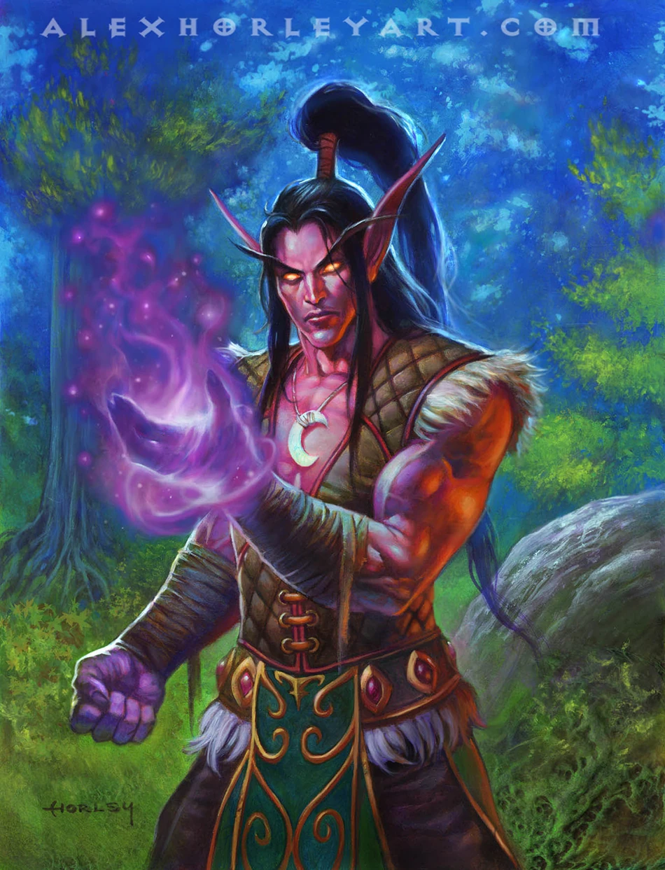 Young Illidan Stormrage as a night elf sorcerer, amber eyes glowing, conjuring arcane magic